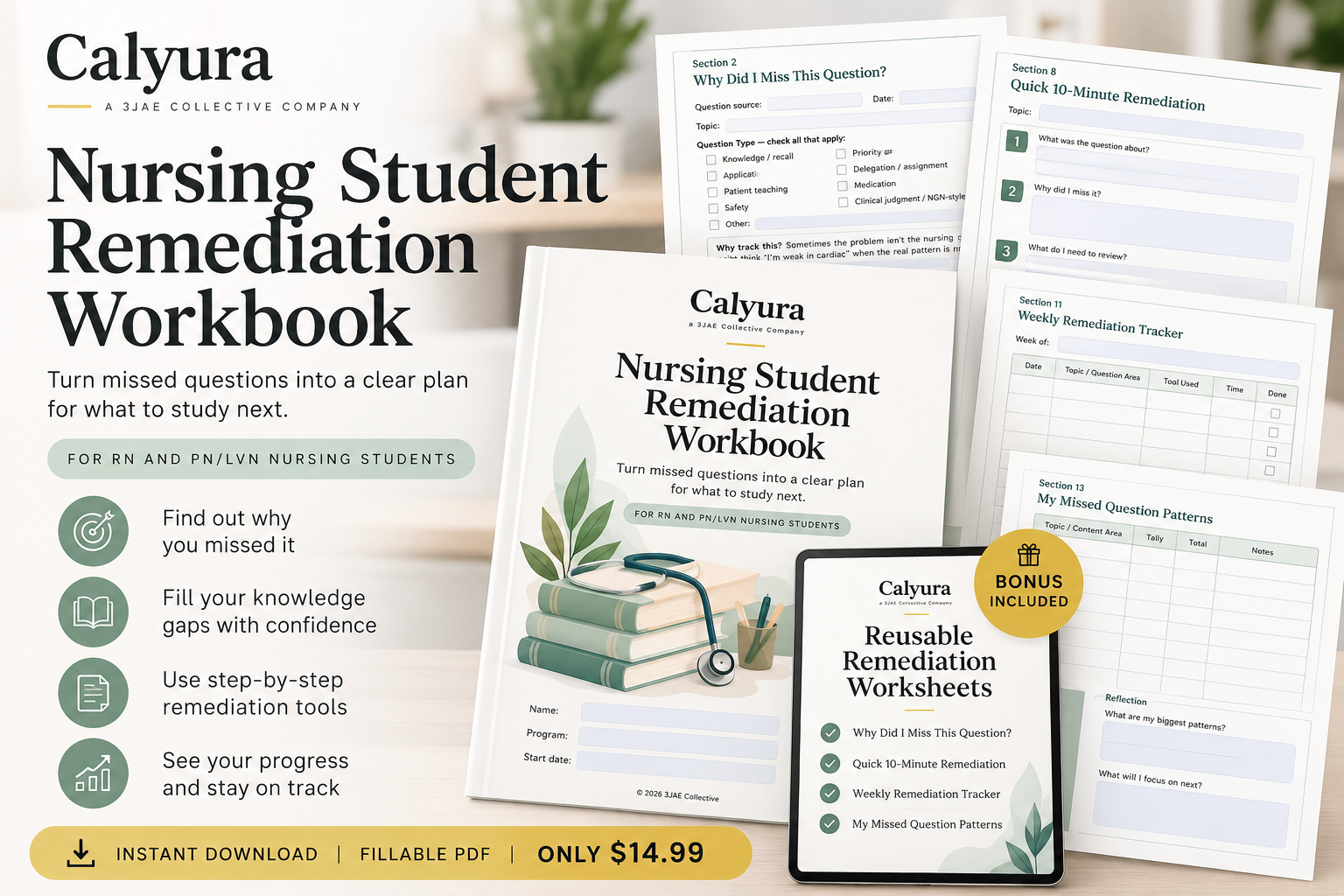 Calyura Nursing Student Remediation Workbook and reusable worksheets